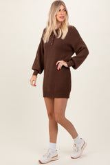 Brown Half Button Up Mini Sweater Dress