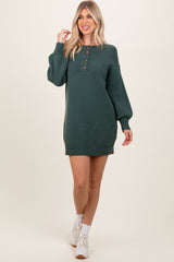 Forest Green Half Button Up Mini Sweater Dress