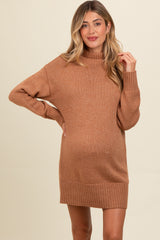 Camel Turtle Neck Maternity Mini Sweater Dress