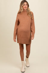 Camel Turtle Neck Maternity Mini Sweater Dress