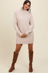 Beige Turtle Neck Maternity Mini Sweater Dress