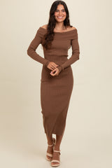 Brown Off Shoulder Ribbed Knit Side Slit Maternity Midi Dress