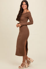 Brown Off Shoulder Ribbed Knit Side Slit Midi Dress