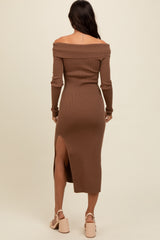 Brown Off Shoulder Ribbed Knit Side Slit Midi Dress