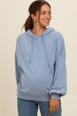 Blue Vintage Wash Oversized Maternity Drawstring Hoodie