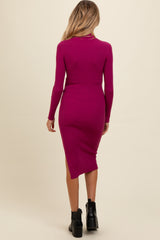 Magenta Ribbed Fitted Mock Neck Long Sleeve Maternity Midi Dress