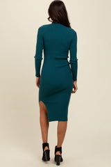 Deep Teal Ribbed Fitted Mock Neck Long Sleeve Midi Dress