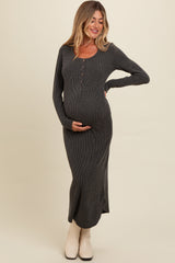 Charcoal Button Up Ribbed Knit Long Sleeve Maternity Midi Dress