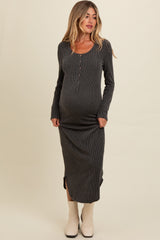 Charcoal Button Up Ribbed Knit Long Sleeve Maternity Midi Dress