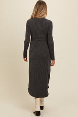 Charcoal Button Up Ribbed Knit Long Sleeve Maternity Midi Dress