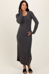 Charcoal Button Up Ribbed Knit Long Sleeve Maternity Midi Dress