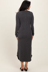 Charcoal Button Up Ribbed Knit Long Sleeve Midi Dress