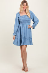 Light Blue Vintage Wash Chambray Smocked Maternity Midi Dress