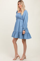 Light Blue Vintage Wash Chambray Smocked Midi Dress