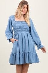 Light Blue Vintage Wash Chambray Smocked Midi Dress