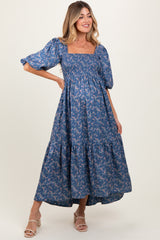 Blue Floral Smocked Hi-Low Puff Sleeve Maternity Maxi Dress