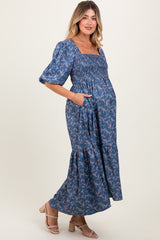 Blue Floral Smocked Hi-Low Puff Sleeve Maternity Maxi Dress