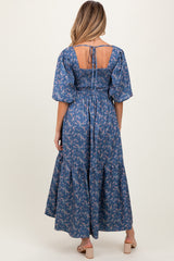 Blue Floral Smocked Hi-Low Puff Sleeve Maternity Maxi Dress