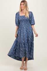 Blue Floral Smocked Hi-Low Puff Sleeve Maternity Maxi Dress