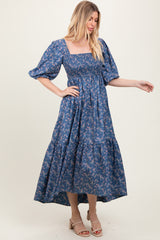 Blue Floral Smocked Hi-Low Puff Sleeve Maxi Dress