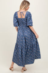 Blue Floral Smocked Hi-Low Puff Sleeve Maxi Dress