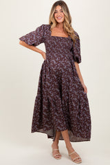 Plum Floral Smocked Hi-Low Puff Sleeve Maternity Maxi Dress