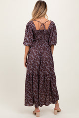 Plum Floral Smocked Hi-Low Puff Sleeve Maternity Maxi Dress