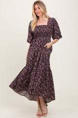 Plum Floral Smocked Hi-Low Puff Sleeve Maternity Maxi Dress