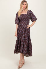 Plum Floral Smocked Hi-Low Puff Sleeve Maxi Dress