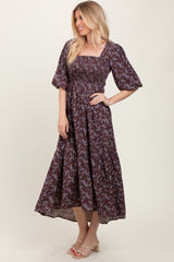 Plum Floral Smocked Hi-Low Puff Sleeve Maxi Dress