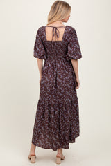 Plum Floral Smocked Hi-Low Puff Sleeve Maxi Dress