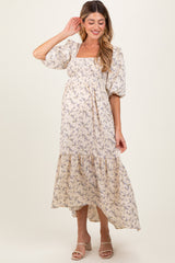 Ivory Floral Smocked Hi-Low Puff Sleeve Maternity Maxi Dress