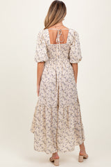 Ivory Floral Smocked Hi-Low Puff Sleeve Maternity Maxi Dress