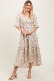 Ivory Floral Smocked Hi-Low Puff Sleeve Maxi Dress