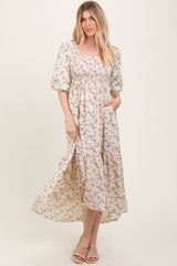 Ivory Floral Smocked Hi-Low Puff Sleeve Maxi Dress