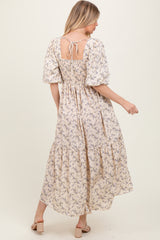 Ivory Floral Smocked Hi-Low Puff Sleeve Maxi Dress