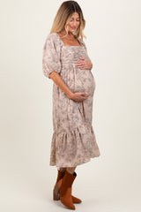 Beige Floral Pleated Bodice Maternity Midi Dress