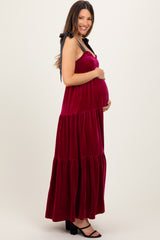 Burgundy Velvet Smocked Satin Shoulder Tie Maternity Maxi Dress