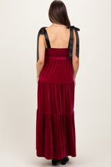 Burgundy Velvet Smocked Satin Shoulder Tie Maternity Maxi Dress