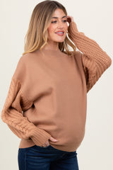 Camel Contrast Knit Sleeve Maternity Sweater