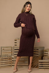 Brown Cable Knit Cropped Sweater Midi Skirt Maternity Set