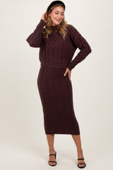 Brown Cable Knit Cropped Sweater Midi Skirt Set