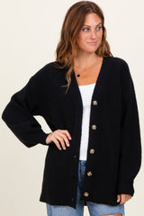 Black Knit Oversized Button Down V-Neck Cardigan