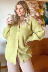 Light Olive Knit Oversized Button Down V-Neck Cardigan