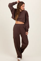 Brown Oversized Crop Sweatshirt Cargo Sweatpant Maternity Set