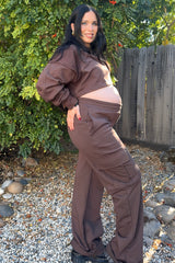 Brown Oversized Crop Sweatshirt Cargo Sweatpant Maternity Set