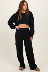 Black Oversized Crop Sweatshirt Cargo Sweatpant Set