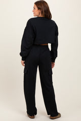 Black Oversized Crop Sweatshirt Cargo Sweatpant Set