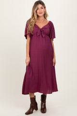 Plum Front Tie Ruffle Sleeve Maternity Midi Dress