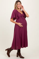 Plum Front Tie Ruffle Sleeve Maternity Midi Dress